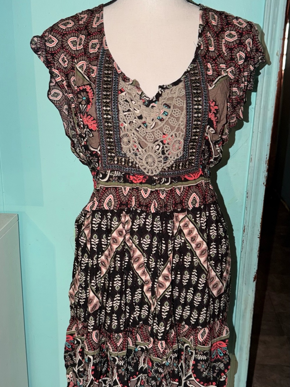 Boho Floral Crochet-Trim Maxi Dress in Black and Pink